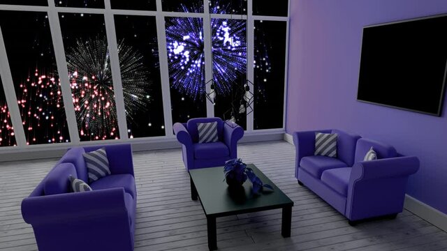 Animation of modern interior with christmas and new year fireworks night sky outside window