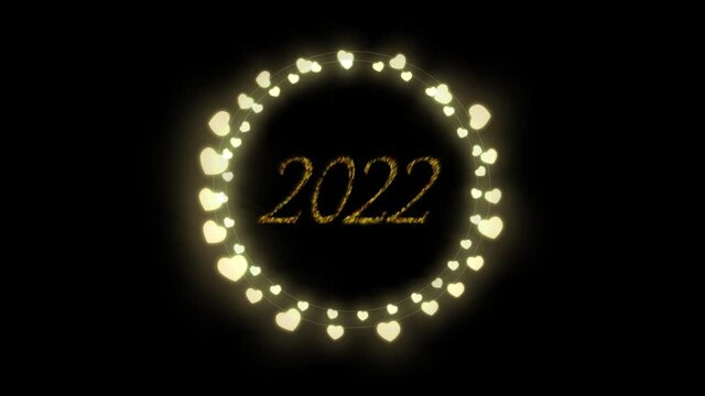 Animation of 2022 text in gold with new year celebration heart fairy lights on black background