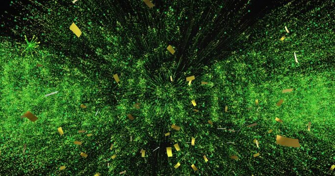 Animation of feliz ano nuevo text in green with new year fireworks and gold confetti in night sky