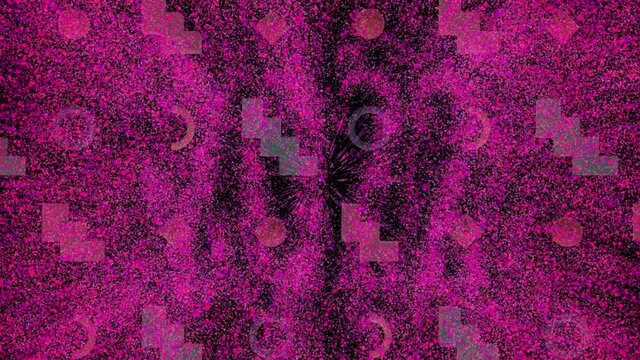 Animation of 2022 text in pink with abstract shapes floating on black background