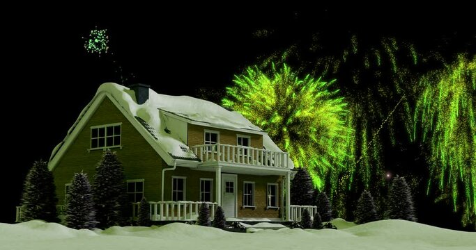 Animation of colourful christmas and new year fireworks exploding in night sky over house in snow