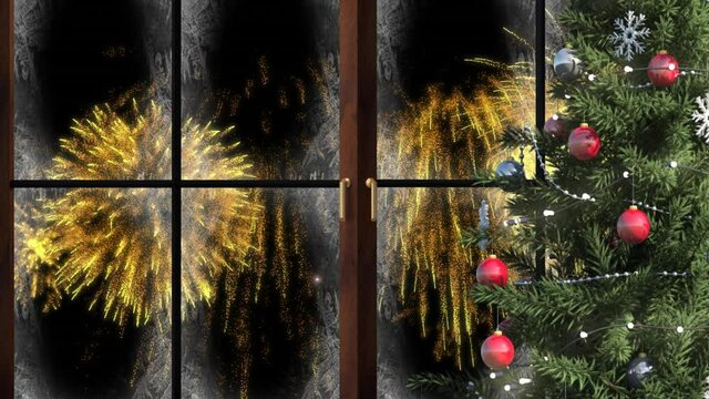 Animation of window with christmas tree and fireworks exploding in night sky