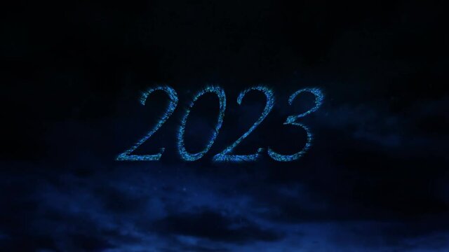 Animation of 2023 text in blue with new year fireworks exploding in night sky
