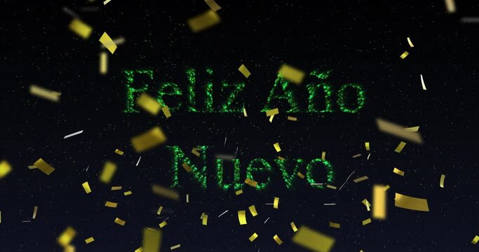 Animation of feliz ano nuevo text in green with new year fireworks and gold confetti in night sky