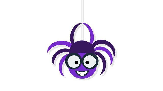 Hanging cute spider. Happy Halloween banner or party invitation motion background. Animation for yours presentation. 4K video clip render footage