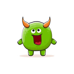 Vector cartoon funky green monster with horn isolated on white background. Smiling silly green monster print sticker design template. Ghost, troll, gremlin, goblin, devil and monster