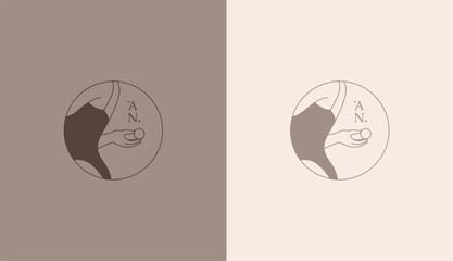 Delicate logo for a female business, a linear image of a female figure. Natural beauty and youth. Minimalistic woman, simple logo for beauty, health, personal care, massage industry.