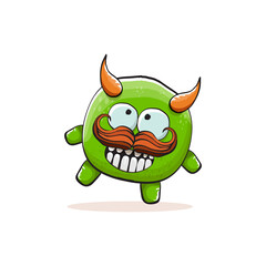 Fototapeta premium Vector cartoon funky green monster with horn isolated on white background. Smiling silly green monster print sticker design template. Ghost, troll, gremlin, goblin, devil and monster