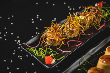 Fototapeta na wymiar Perfect Sushi Japanese Asian Seafood Food Dish Drink Cocktail Dessert Menu Gourmet Restaurant Chef on Dark Background