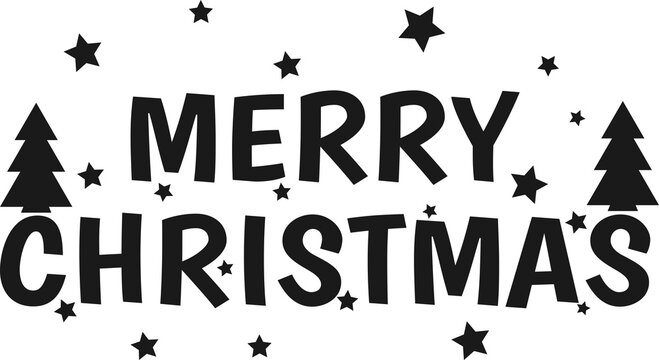  Merry christmas lettering with trees, simple black and white banner, postcard, holiday illustration, christmas illustration sticker, vector drawing, for greeting cards, print, packaging, banner, web 