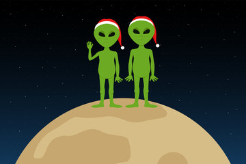 Obraz premium Aliens in Christmas red hats. Vector illustration.