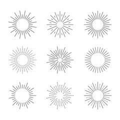 set of retro style geometric shine icons, black circles isolated on white background, rays of explosions.