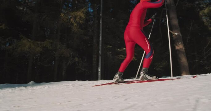 Skiing in the park. Adult man in red suit skiing in the sunny park. Amateur skier works out in the park