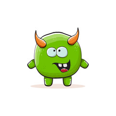 Vector cartoon funky green monster with horn isolated on white background. Smiling silly green monster print sticker design template. Ghost, troll, gremlin, goblin, devil and monster