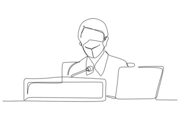 single line drawing of a woman sitting in front of notebook. vector illustration