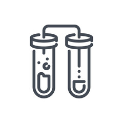 Distillation process from test tubes with liquid line icon. Chemical reaction with liquid and glassware vector outline sign.