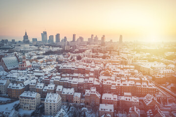 Warsaw downtown and city center at dusk, aerial winter panorama