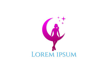 Pretty Beauty Angel Woman Girl Lady Female Crescent Moon Silhouette Logo Design Vector