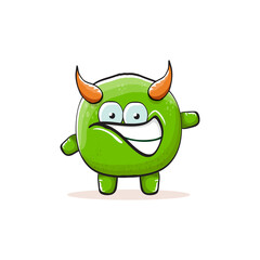 Vector cartoon funky green monster with horn isolated on white background. Smiling silly green monster print sticker design template. Ghost, troll, gremlin, goblin, devil and monster