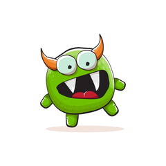 Fototapeta premium Vector cartoon funky green monster with horn isolated on white background. Smiling silly green monster print sticker design template. Ghost, troll, gremlin, goblin, devil and monster
