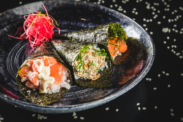 Perfect Sushi Japanese Asian Seafood Food Dish Drink Cocktail Dessert Menu Gourmet Restaurant Chef on Dark Background