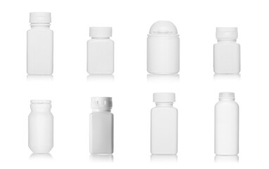 Set of white medical bottles, isolated on white background