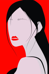 Portrait of a girl on a red background. Vector flat image of a lady with black long hair, red lips and black expressive eyebrows. Design for avatars, posters, backgrounds, templates.