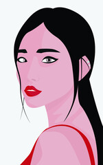 Vector flat image of a young girl with red lips in a red T-shirt. Black-haired lady. Design for cards, posters, backgrounds, templates, avatars, textiles.