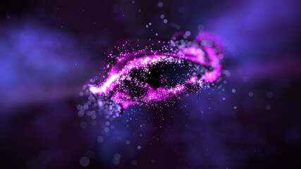 Fototapeta premium Abstract, purple ring on a black background with reflections of light splashes