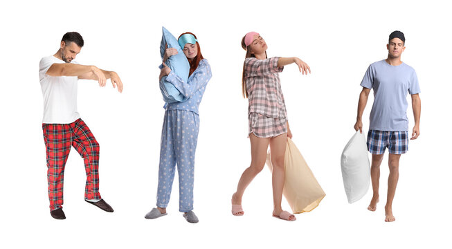 Collage with photos of sleepwalkers on white background. Banner design
