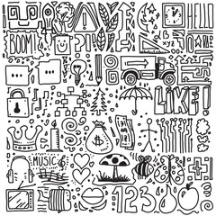 Hand drawn different vector doodles background set