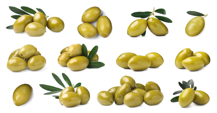 Set with fresh green olives on white background. Banner design