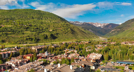 Vail, Colorado. Amazing aerial view of cityscape at summer sunset