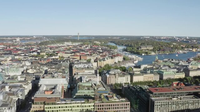 Aerial view Stockholm Sweden. Cityscape with old and new houses in downtown city with historic architecture neighborhoods and promenade.