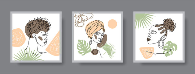 Dark skinned beautiful women artwork set. Afro hairstyle, curly hair, black face with palm tree leaves. Vector african portraits