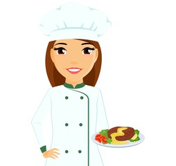 A young girl chef with a dish in her hand. Professional master cook. Flat style on a white background. Cartoon