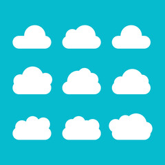 white cloud cartoon flat style set with different shape isolated green background for graphic design decoration
