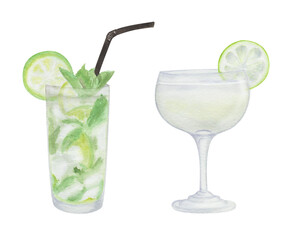 Watercolor hand painted mojito cocktail in glass with straw and slice green lime, mint, cubical ice. Isolated clip art of refreshment for decoration menu in restaurant, cafe. Alcohol beverage drink