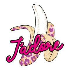 j'adore - Vector illustration of a banana animal print and tex on white background. Fruit drawn for a t-shirt.