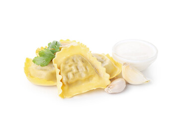 Delicious ravioli isolated on white background, close up