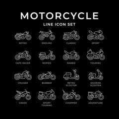 Set line icons of motorcycle isolated on black