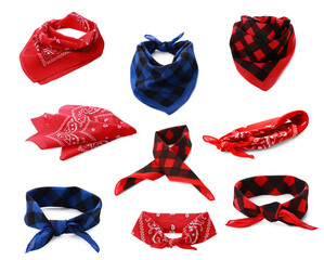 Set with different bandanas on white background