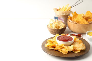 Concept of Super bowl snacks on white background