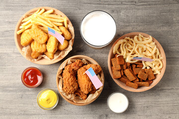 Concept of Super bowl snacks on gray wooden  background