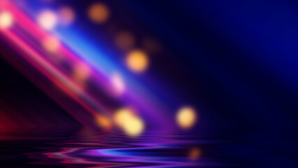 Dark abstract background of a beach party. Neon blurred bokeh lights, neon light lines reflected on the water. 3d illustration