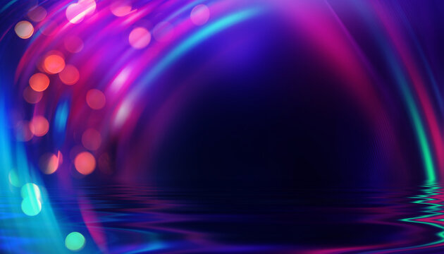 Fototapeta Dark abstract background of a beach party. Neon blurred bokeh lights, neon light lines reflected on the water. 3d illustration