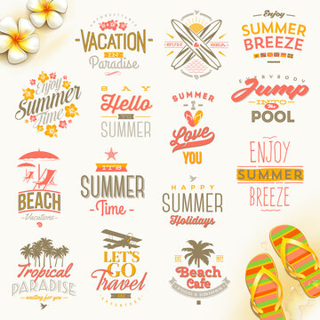 Set Summer Holidays Vacation Travel Typography Lettering Emblems Logo