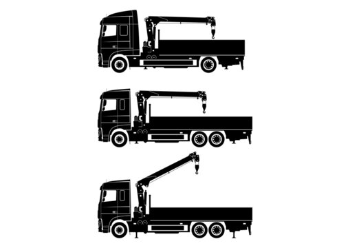 Silhouette of crane lorry. Truck mounted crane. Side view of knuckle boom crane on the truck. Vector.