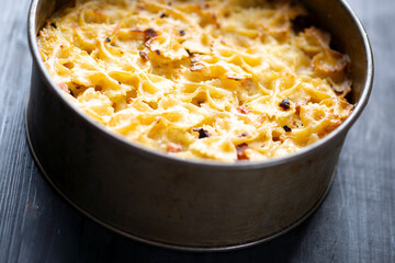 italian american baked farfalle bow pasta in bechamel sauce