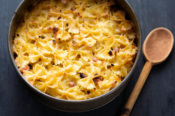 italian american baked farfalle bow pasta in bechamel sauce